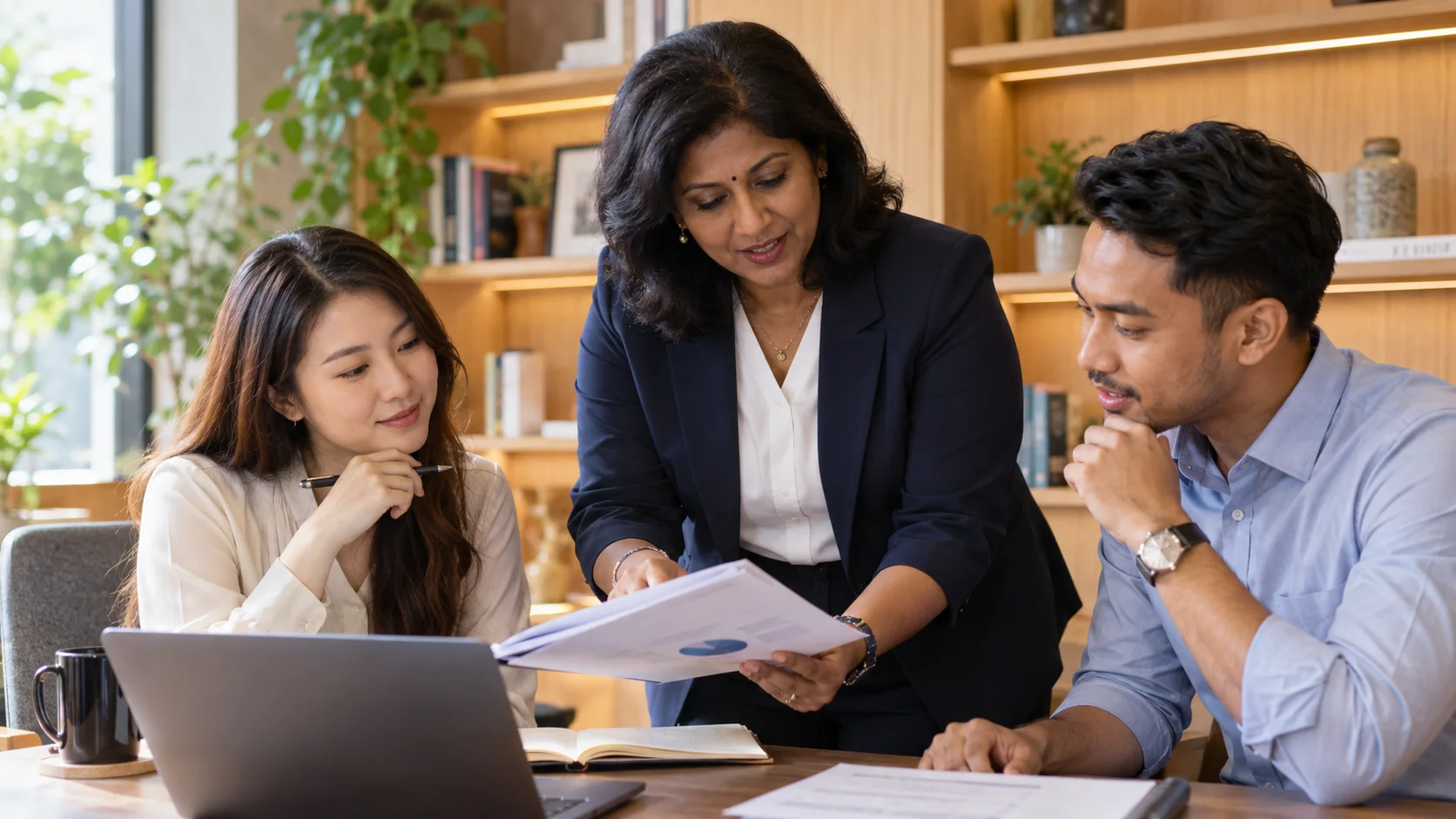 Illustrative mentor helping younger professionals develop their skills