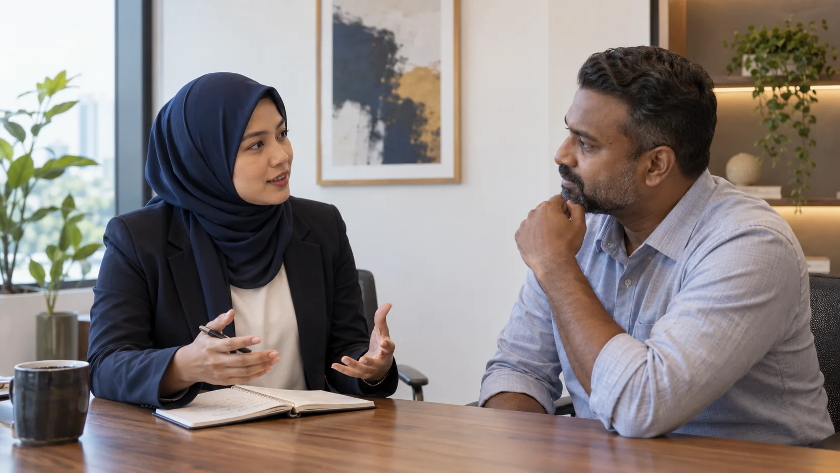 Illustrative one-to-one conversation between an adviser and a business owner