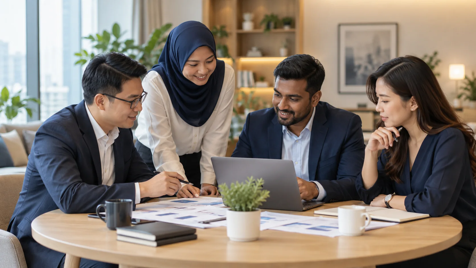 Illustrative Malaysian professionals collaborating around a table