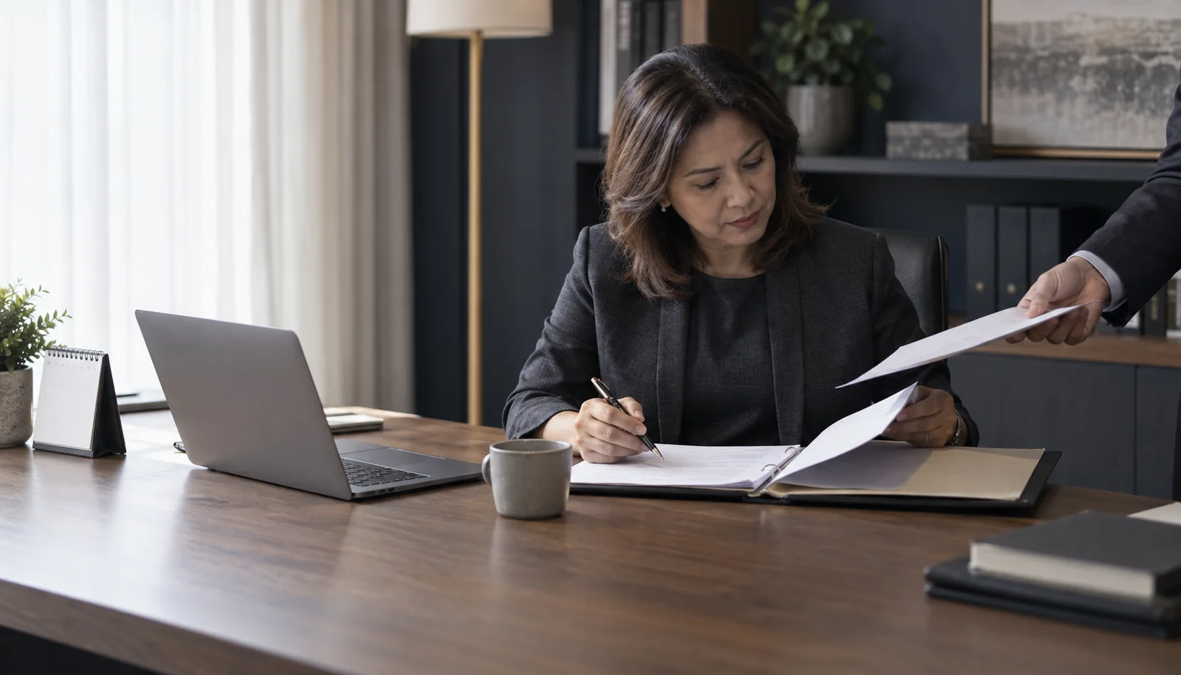 Illustrative payroll specialist reviewing confidential records