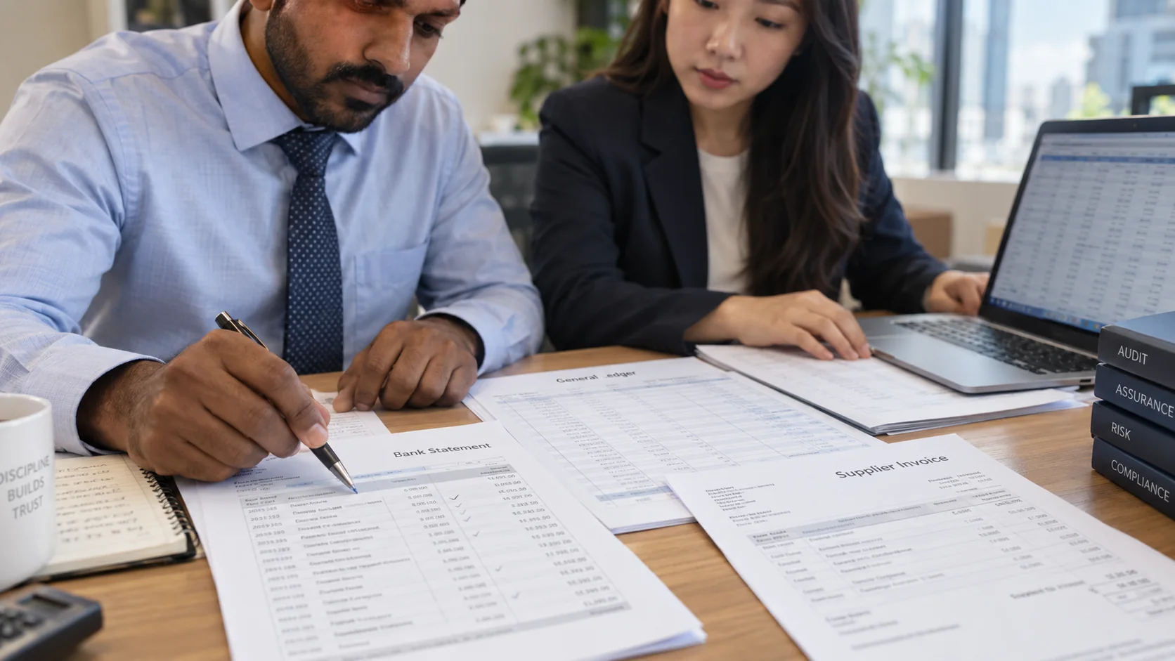 Illustrative auditors matching bank statements and supplier invoices to ledger entries