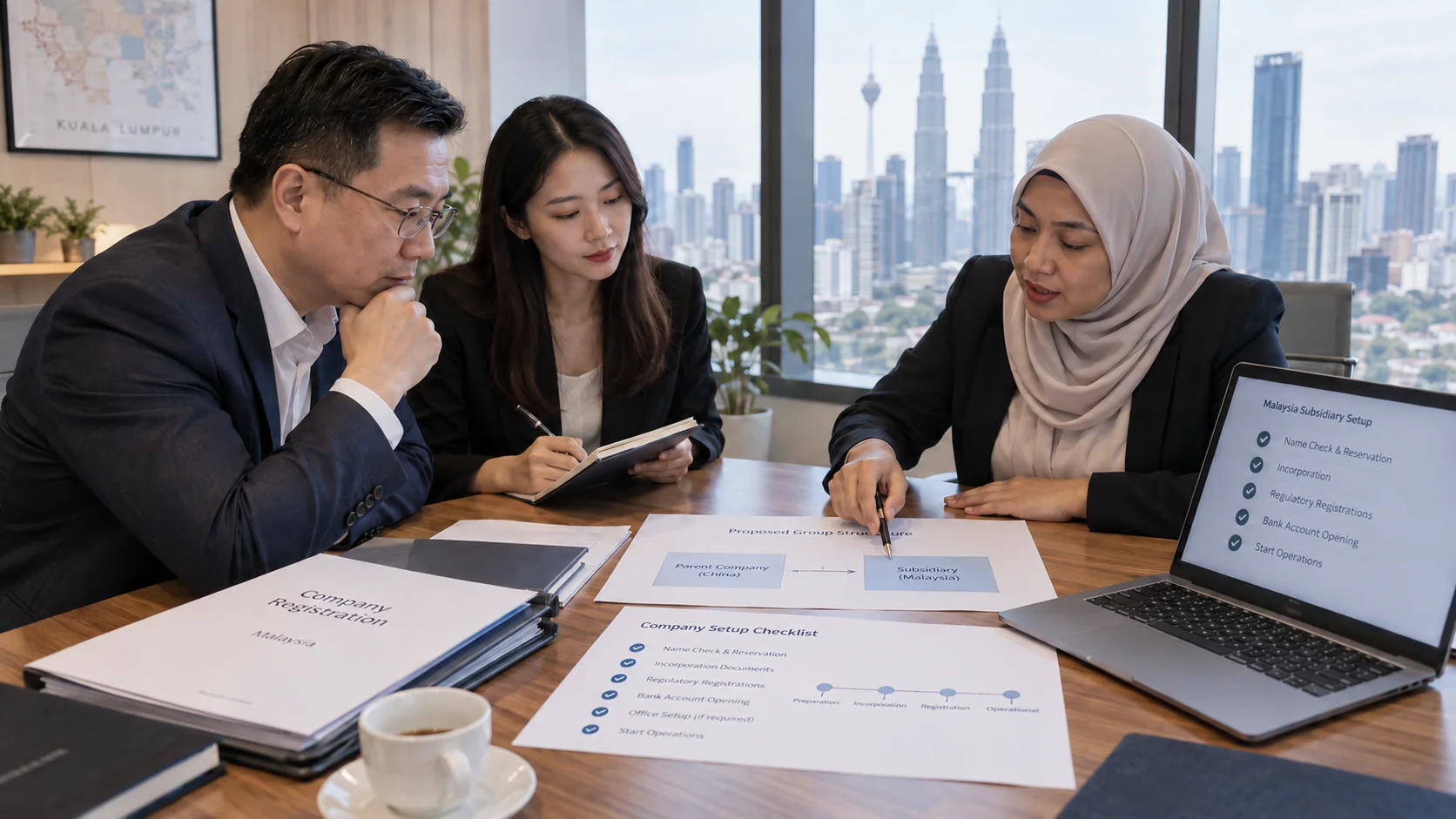 Illustrative Chinese investor and interpreter discussing Malaysian subsidiary setup with a local adviser