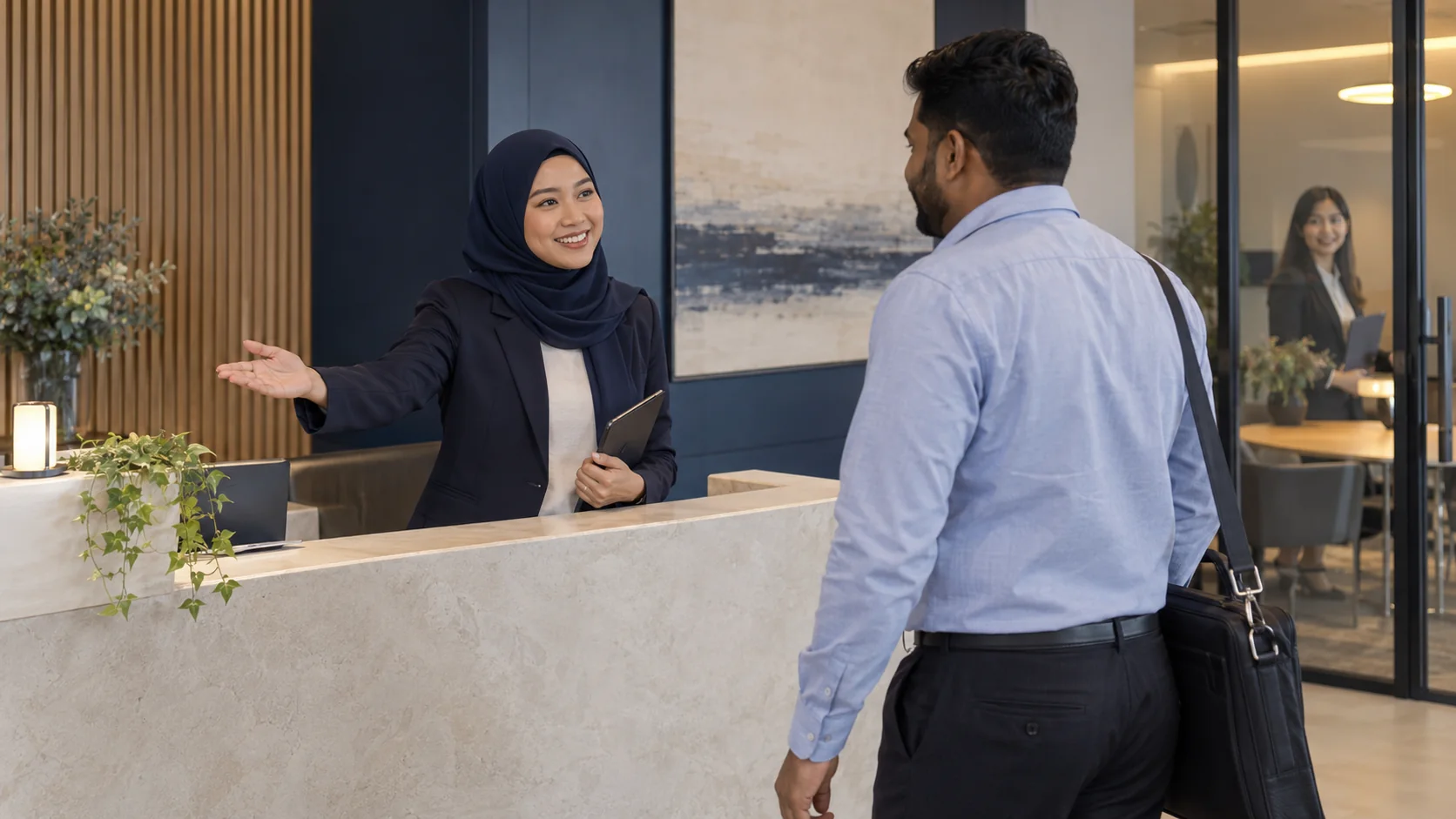 Illustrative client coordinator welcoming a visitor for an advisory consultation