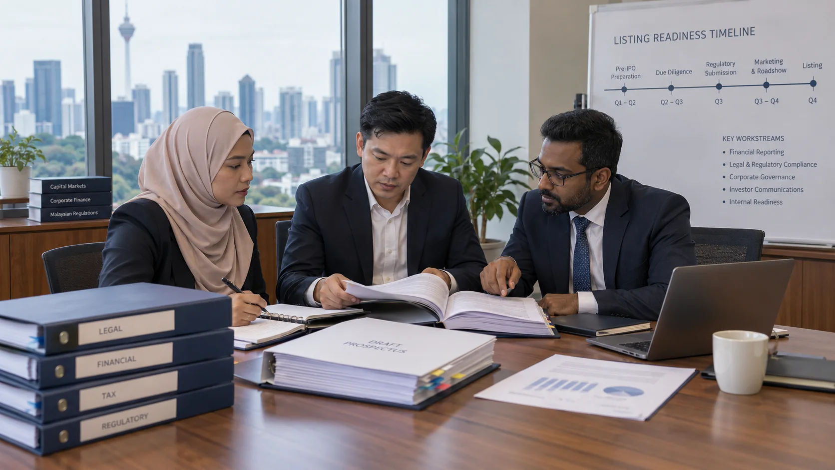 Illustrative founder, financial adviser and legal adviser reviewing a draft prospectus and listing timeline
