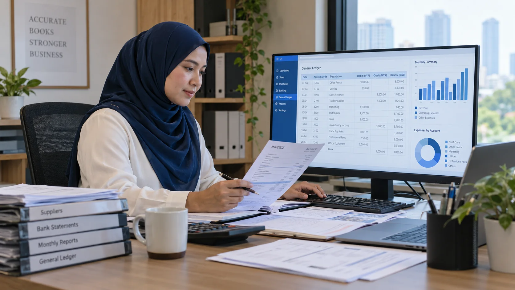Illustrative bookkeeper reconciling supplier invoices and bank transactions with a monthly ledger