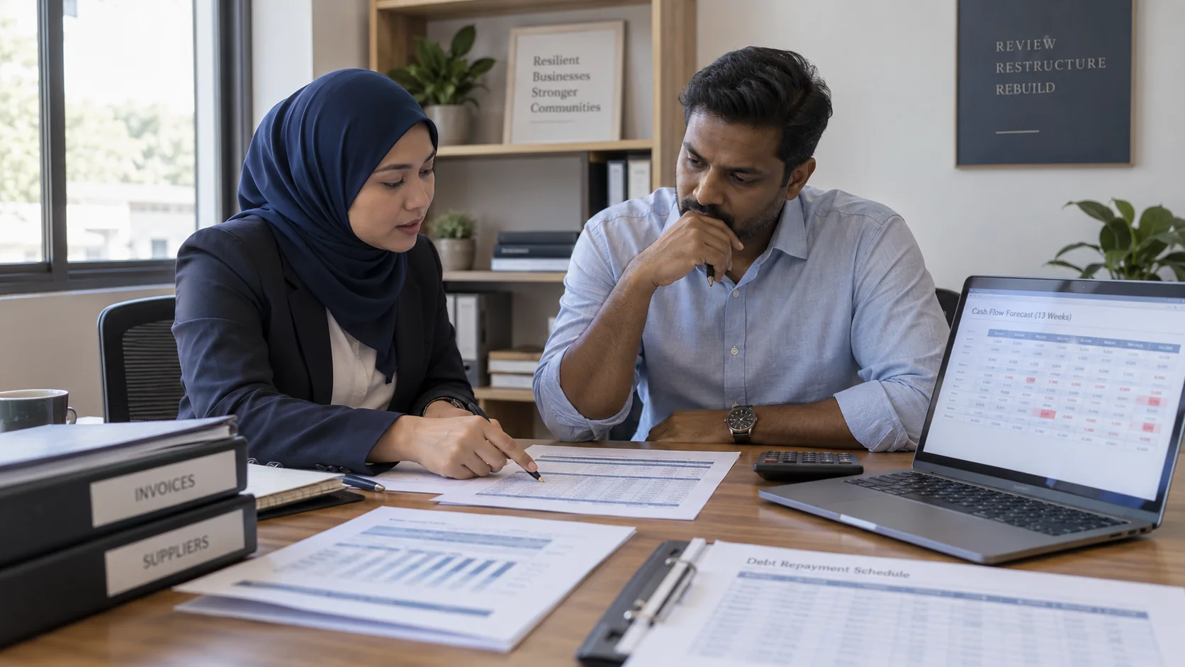 Illustrative owner and adviser examining a cash-flow forecast and debt repayment schedule
