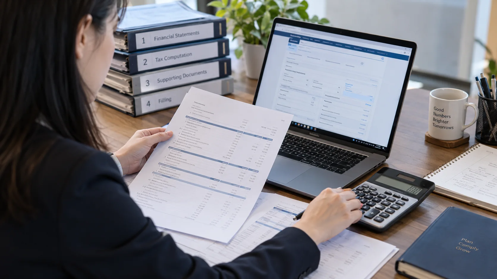 Illustrative tax specialist reviewing a corporate tax computation and online return
