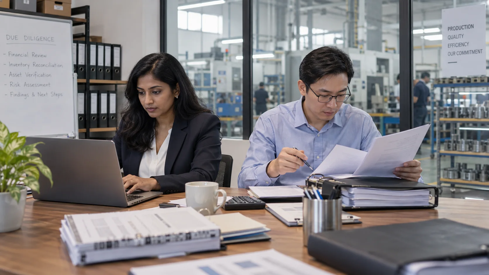 Illustrative financial analysts verifying inventory and valuation records for a transaction