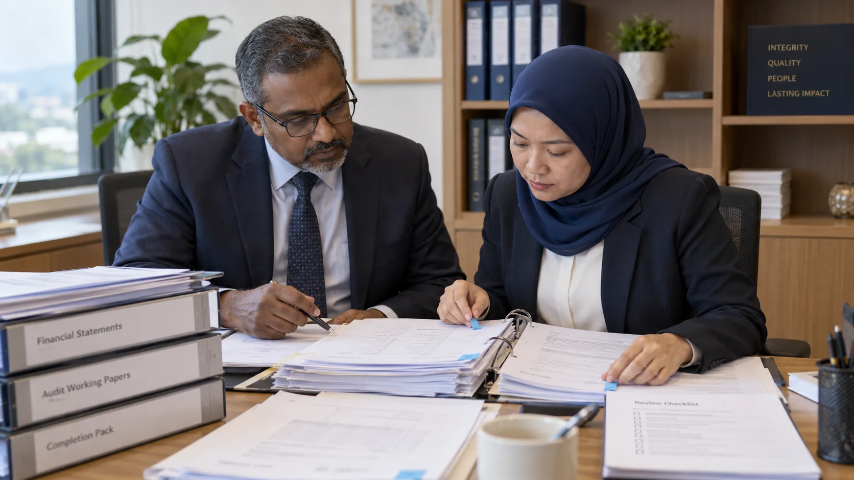 Illustrative senior auditor and manager checking a completed file against a quality-review checklist