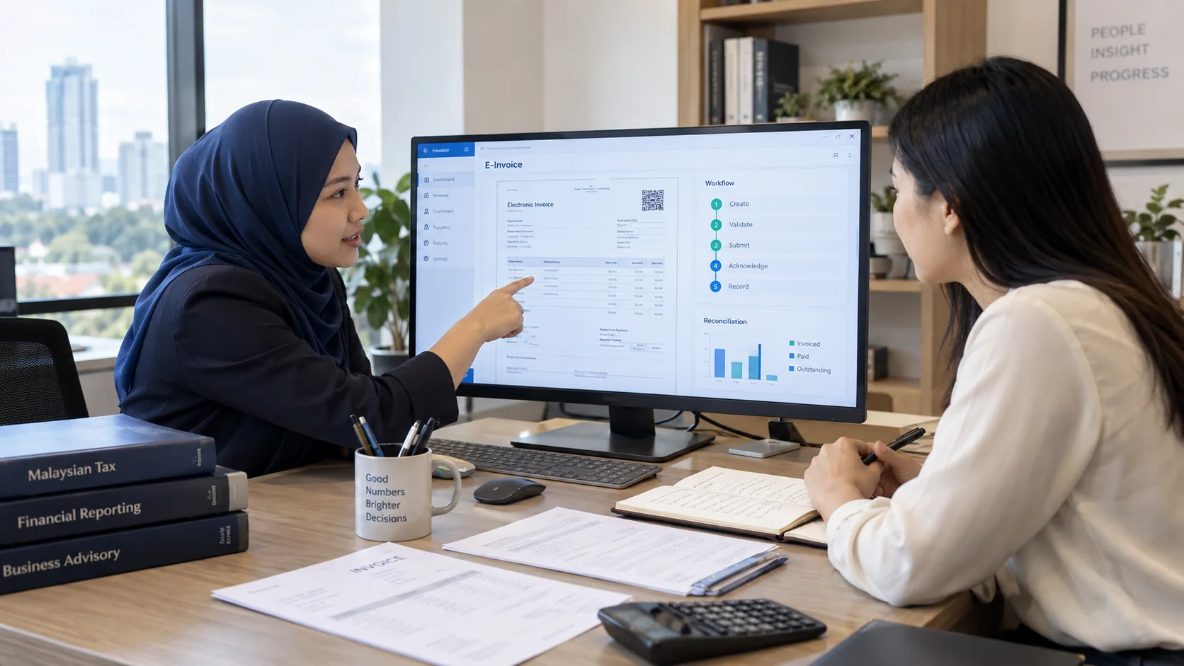 Illustrative accountants reviewing a digital e-invoice workflow and reconciliation