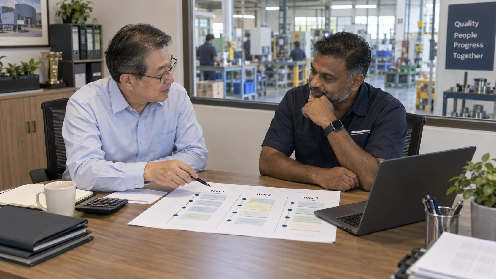 Illustrative adviser and business owner reviewing a three-year business roadmap